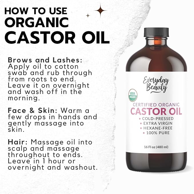 Organic Castor Oil - 16 Fl Oz Glass Bottle -100% Pure Certified USDA Organic, Cold Pressed & Hexane-Free, For Eyelashes, Eyebrows, Hair, Skin & Wellness Packs