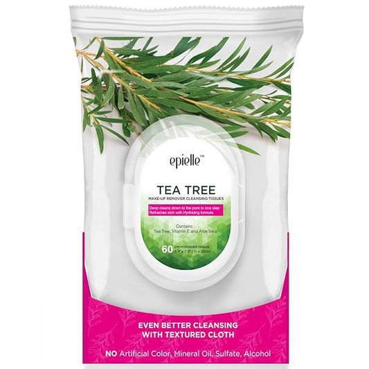 Epielle Tea Tree Facial Wipes, 60 ct, Pack of 2, Refreshing & Soothing, Perfect for Spa Days, Beauty Gifts, Korean Skincare Gift Set