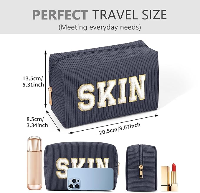 MAGEFY Small Makeup Bag for Purse Portable Makeup Pouch with Compartments Corduroy Make up Bag for Women Travel Cosmetic Essential (Dark Gray, SKIN)