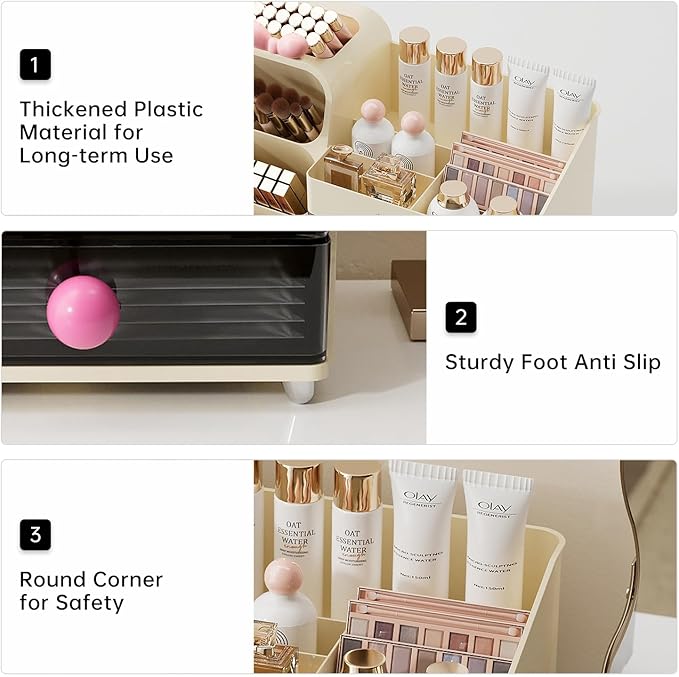 Makeup Organizer for Vanity, Countertop Organizer With Drawers, Spacious Cosmetic Display Case for Beauty Essential, Skincare, Lipstick, Cream White&Pink