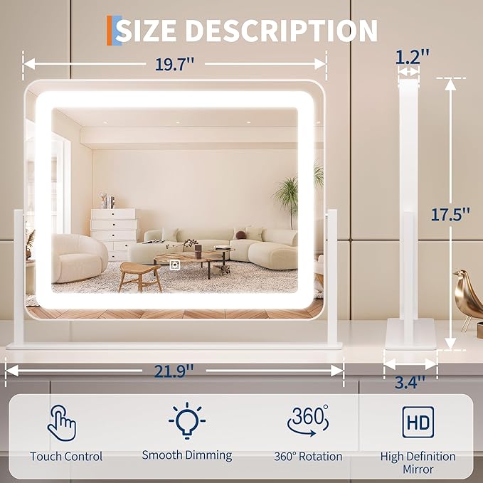 19.6"x15.7" Vanity Mirror with Lights, Large Lighted Mirror, LED Makeup Mirror with 3-Color Dimmable Modes and Smart Touch Control, Perfect for Desk or Bedroom, Vanity Desk Tabletop Makeup, White