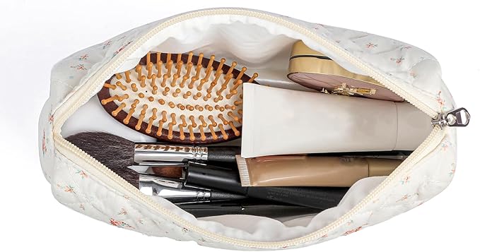 Makeup Bag Travel Cosmetic Bag for Women Girls, Zipper Make Up Pouch, Floral Flowers Toiletry Organizer Makeup, Portable Storage Cosmetic Travel Cloth Bag (2 Pack (L+S)/White Small Flower)