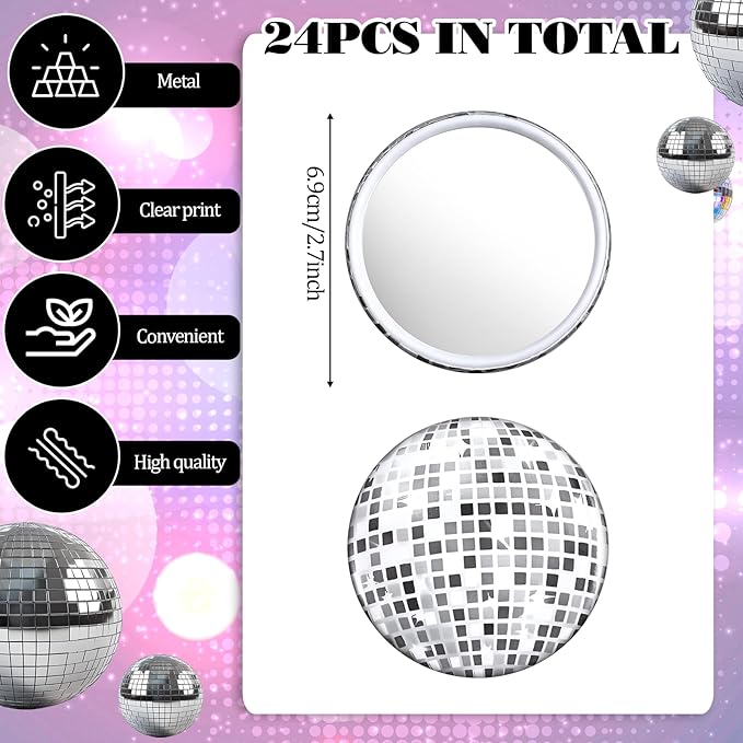 24 Pcs Disco Ball Compact Mirror Bulk 2.7 Inch Vintage Round Pocket Mirrors for Purse Makeup Mini Mirror for Women Disco Party Supply Travel Daily (Silver)