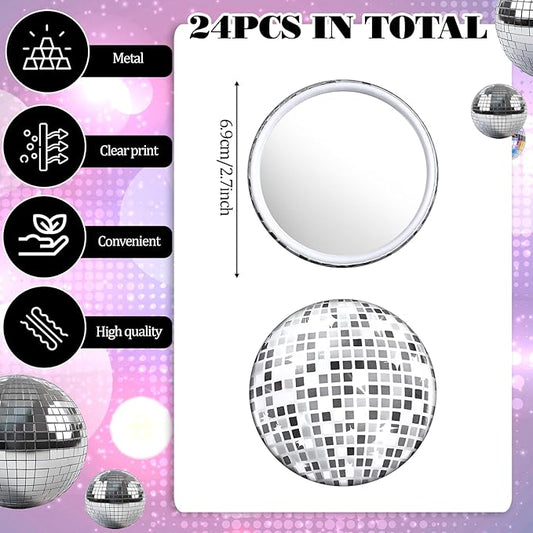 24 Pcs Disco Ball Compact Mirror Bulk 2.7 Inch Vintage Round Pocket Mirrors for Purse Makeup Mini Mirror for Women Disco Party Supply Travel Daily (Silver)
