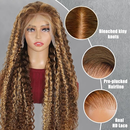 28inch Highlight Curly Lace Front Wigs Human Hair Balayage Brown Highlight 13X4 Deep Wave Wigs Human Hair Ombre Curly Wig #4/27 Colored Wigs for Women 180% Density