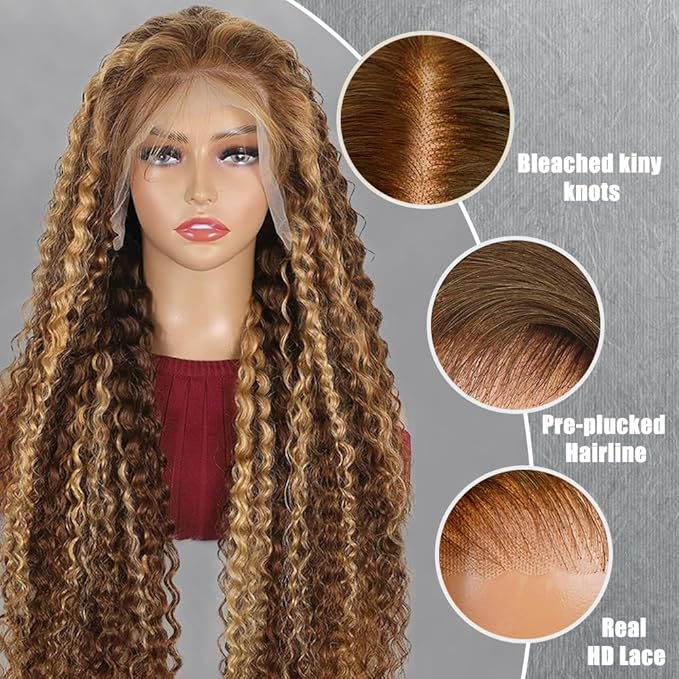 26inch Highlight Curly Lace Front Wigs Human Hair Balayage Brown Highlight 13X4 Deep Wave Wigs Human Hair Ombre Curly Wig #4/27 Colored Wigs for Women 180% Density