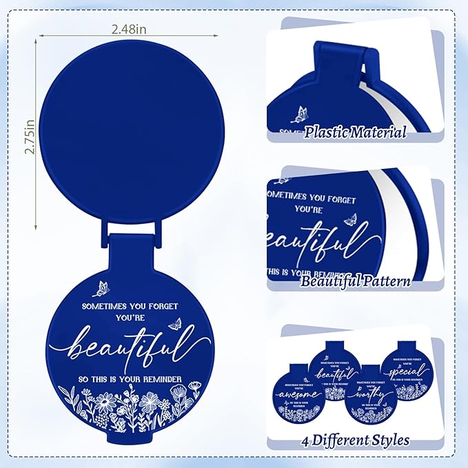 100 Pcs Inspirational Compact Mirror Bulk Small Pocket Mirror Purse Round Portable Folding Makeup Mirror Mini Compact Mirror Gifts for Women Coworker Employee Teacher(Blue)