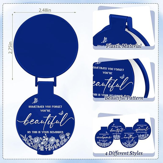 100 Pcs Inspirational Compact Mirror Bulk Small Pocket Mirror Purse Round Portable Folding Makeup Mirror Mini Compact Mirror Gifts for Women Coworker Employee Teacher(Blue)