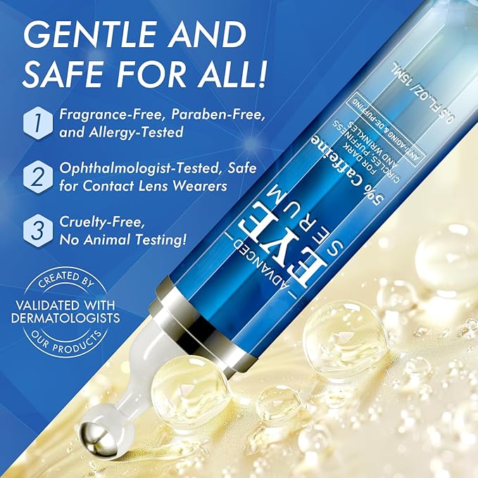 5% Caffeine Eye Cream for Women, Under Eye Serum for Dark Circles Puffiness Fine Lines Wrinkles with 360° Roller Massage Ball, Morning Night Skin Care, 0.5 Fl Oz