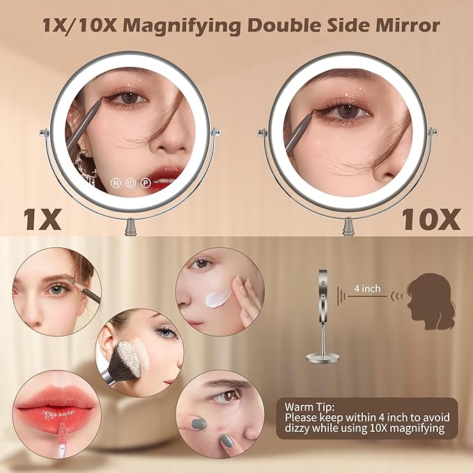 9" Large Makeup Mirror with Lights, 1X/10X Magnifying Vanity Mirror with 3 Colors Dimmable Lightning, 80 LED Lights, 360°Rotation Double Sided Standing Lighted Makeup Mirror Nickel