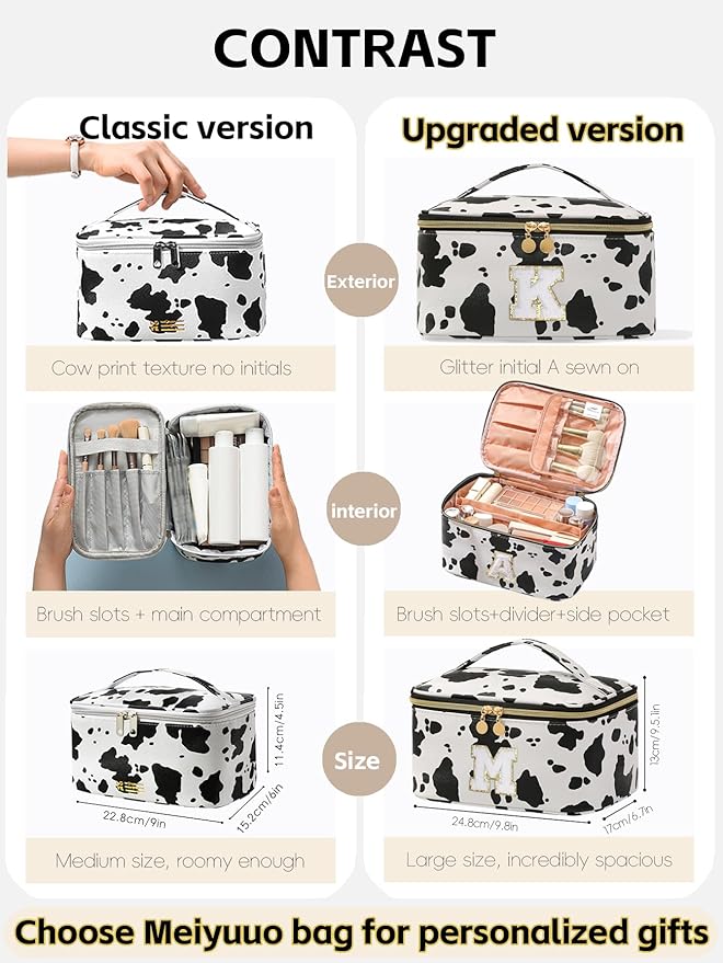 Meiyuuo Birthday Gifts Personalized Makeup Bag Cute Cosmetic Bags Large Travel Pro Pouch Toiletry Bag with Divider and Handle Teens Tweens Gifts Trendy Stuff Cow Print K