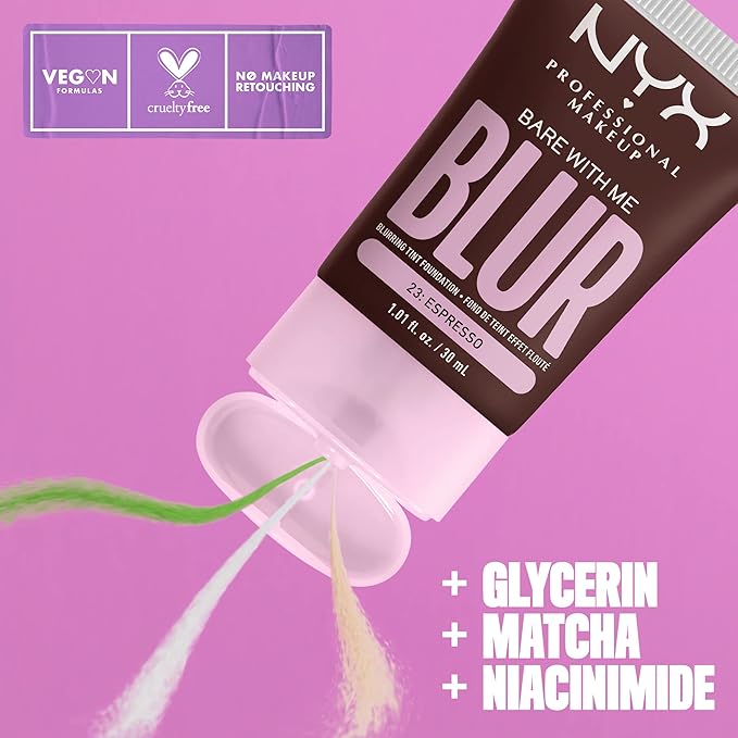 NYX PROFESSIONAL MAKEUP Bare With Me Blur Skin Tint Foundation Make Up with Matcha, Glycerin & Niacinamide - Espresso