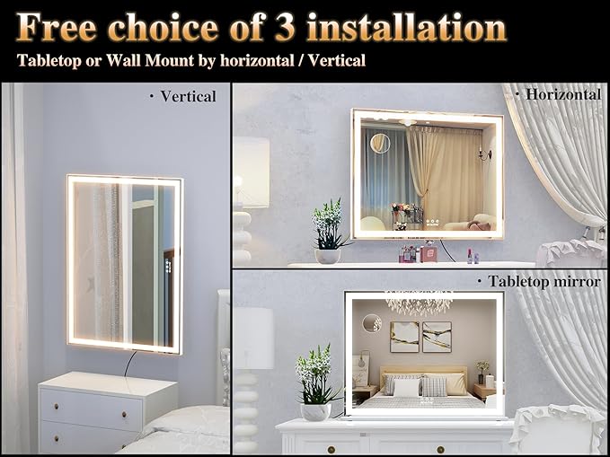 ANYHI Large Vanity Mirror with Lights, 28"x22" Makeup Mirror with Light Strip, 3 Color Modes, Dimmable, Smart Touch Control, Aluminum Frame, Tabletop or Wall Mount, White