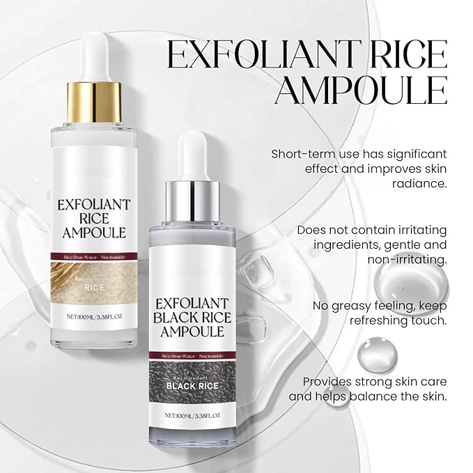 2PCS Rice Exfoliating Ampoule Set - Black & White Rice for Brightening & Glowing Skin, Minimizing Pores, Deep Hydration Treatment
