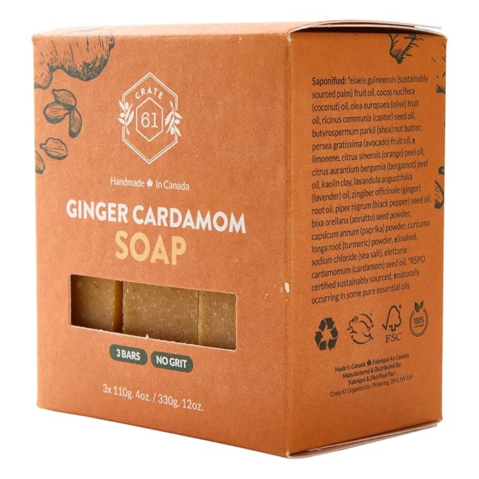 Handmade in Canada, Plant Based Natural Bar Soap Cold Pressed For Face & Body, w/Premium Essential Oils, For Men & Women 3 Pack (Ginger Cardamom)