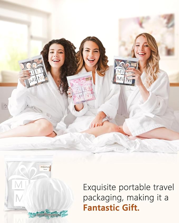 mikimini White Shower Cap for Long Hair 1 Pack, 12 inch large size,Waterproof Washable Hair Caps for Women and Girls, Super Cute and Extra Large