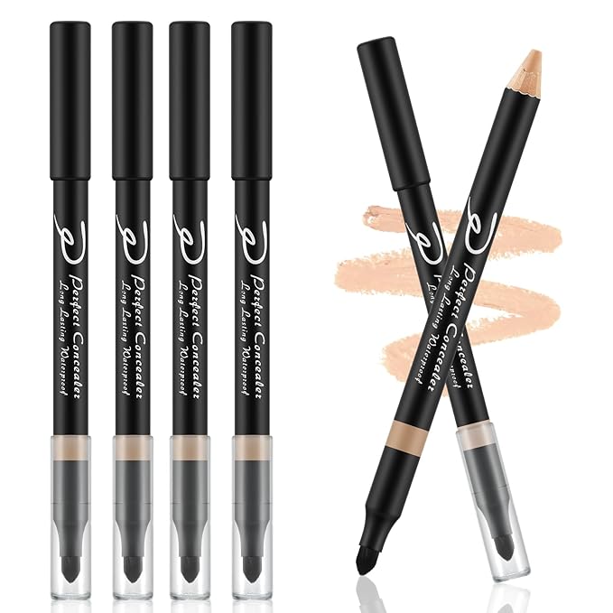 4pcs Concealer Pencil with Sponge,Full Coverage,Waterproof Under Eye Concealer Stick for Dark Circles,Blemishes,Aging Spots,Acne,Freckles
