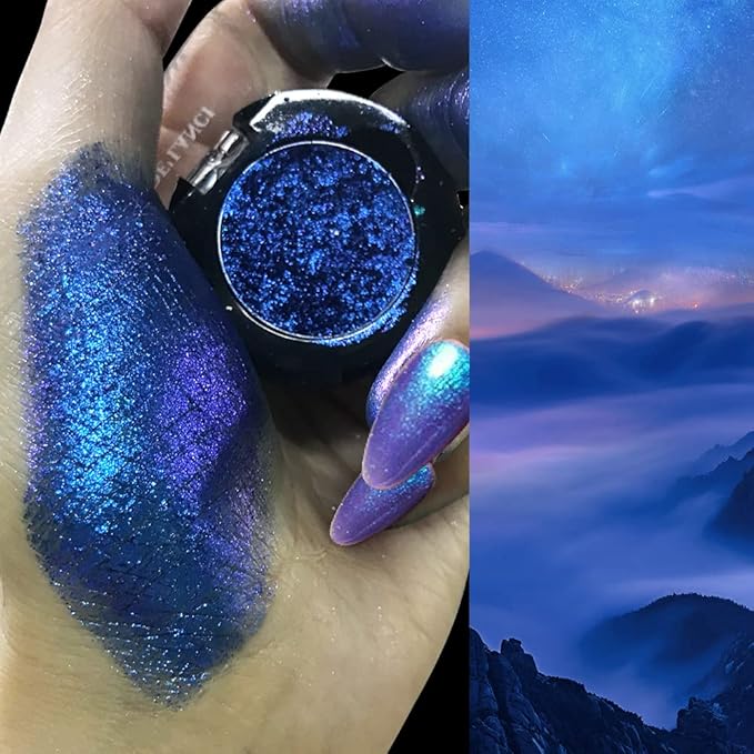 Afflano Duo Chrome Glitter Blue Eyeshadow, Intense Color Shifting Metallic Chameleon Eyeshadow Blue, Highly Pigmented Multichrome Eyeshadow for Blue Eyes Makeup, Single Sparkling Blue Eye Shadow