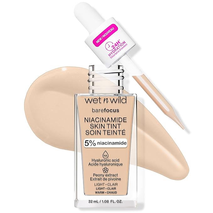 wet n wild Bare Focus Skin Tint, 5% Niacinamide Enriched, Buildable Sheer Lightweight Coverage, Natural Radiant Finish, Hyaluronic & Vitamin Hydration Boost, Cruelty-Free & Vegan - Light