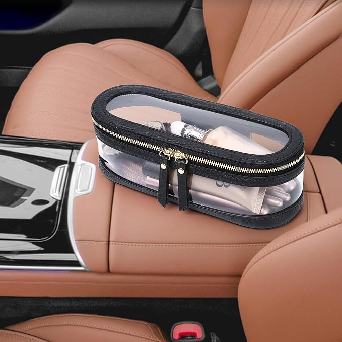 Makeup Brush Case Clear Travel Cosmetic & Toiletry Bag Slim Makeup Bag with Zipper Small Purse Organizer Car Essential Bag for Women (Black, SLIM-2),