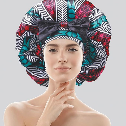 DONNA Jumbo Bow Ribbon Bonnet 1pc Satin Bonnet for Sleeping Removable Reversible Bow Ribbon for Women with Curly Hair, Crochet Hairstyles Silk Hair Accessories Shower Cap Aztec Pattern
