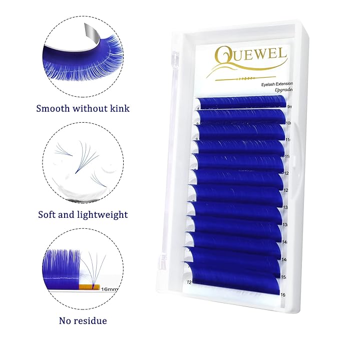 QUEWEL Easy Fan Volume Lashes .07 D Curl Blue Lash Extensions 9-16mm Mixed Tray Color Self Fanning 2D-10D Eyelash Extensions (Blue 0.07 D 9-16mm)