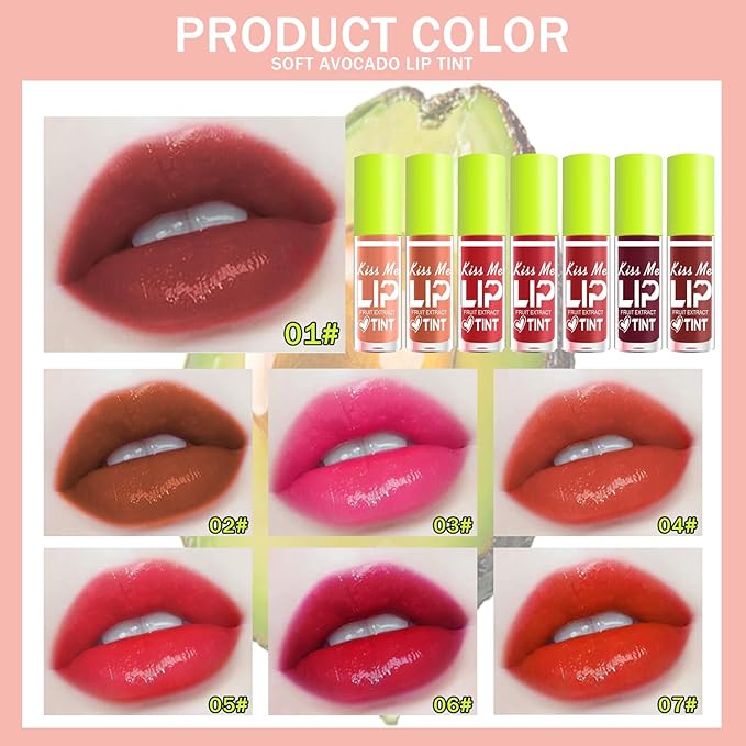 7 Colors Lip Tint Stain Set, Watery Lip Stain Mini Liquid Matte Lipstick,Moisturizing Lip Stain, Long-Lasting,Non-Stick Tinta Para Labios, Waterproof and High Pigment Lip Makeup (02# AVOCADO)