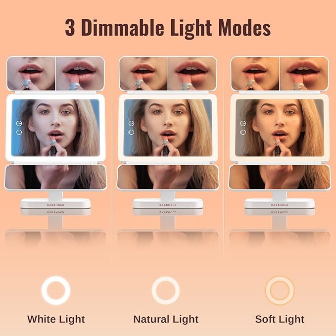 EASEHOLD Lighted Makeup Mirror, Rechargable Vanity Mirror with Magnification, 2X 3X, Trifold Makeup Mirror with Touch Control, 3 Color Dimmable LED Lights, Portable Make up Mirror, Gifts for Women