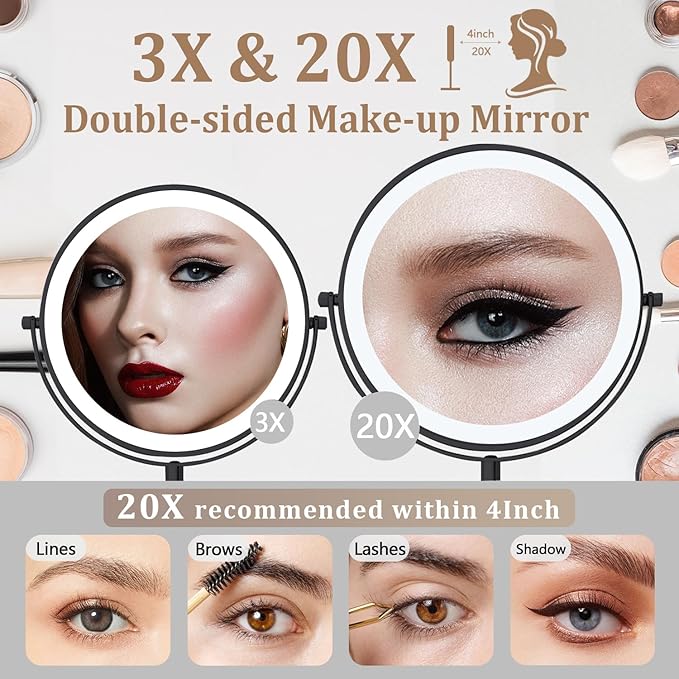 9in Vanity Mirror with Lights, Rechargeable&Dimming Lighted Makeup Mirror, 3X/20X Double Sided Magnifying Mirror, 5000mAh, 360 Rotate,3 Color Lights,Brightness with 80 LED,No Height Adjustment,Black
