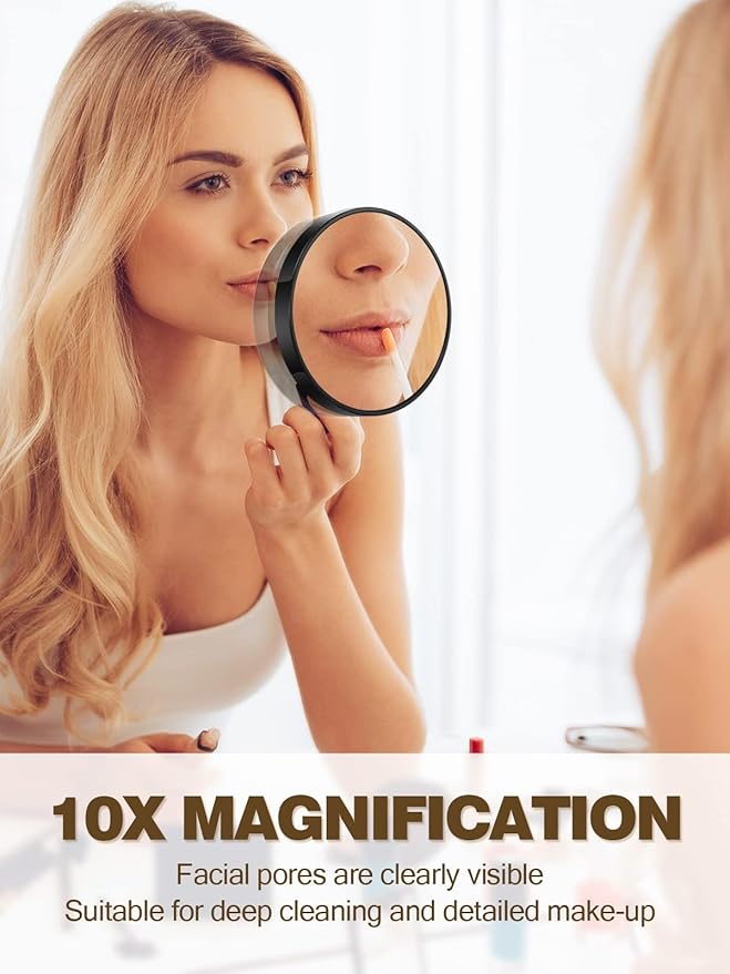10X Magnifying Mirror with 2 Suction Cups, 3.5 inches Magnified Makeup Mirror and Slant Tweezers,Black,1PC