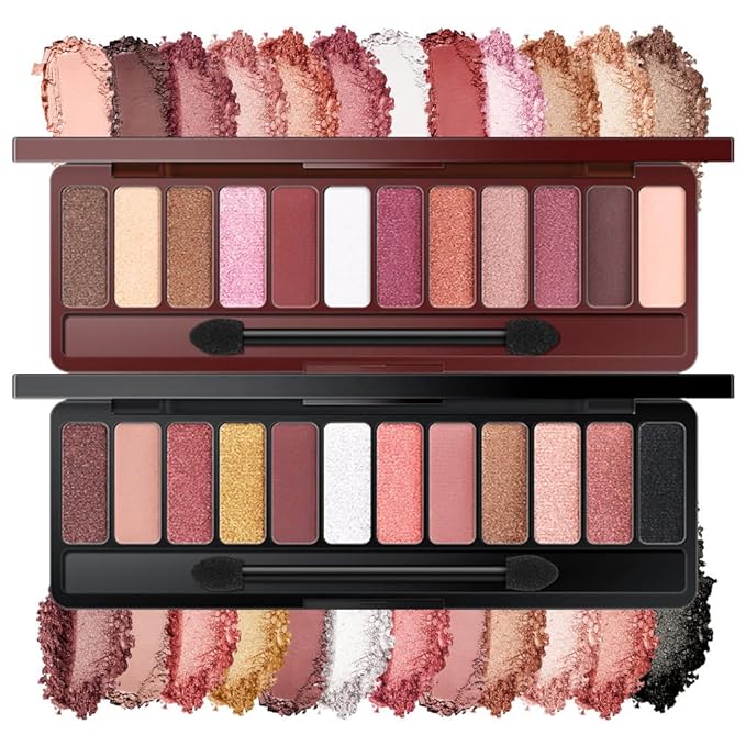 2-Pack 12-Color Nude Eyeshadow Palette with Mirror– Matte, Shimmer & Glitter Pigments Eye Makeup for Artists, Waterproof, Cruelty Free, Nude Pink Purple Brown Red Powder