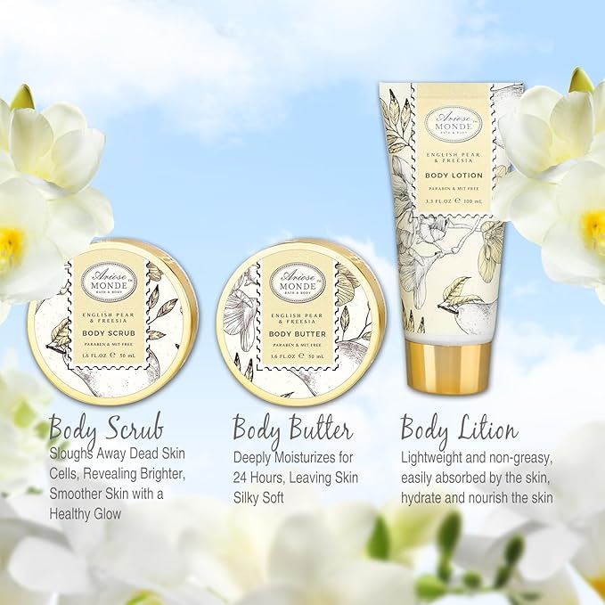 Bath & Shower Spa Gift Basket Set, with English Pear & Freesia Fragrance Bath Gift Basket for Women & Men Includes Body Lotion, Shower Gel, Bath Salts, Bubble Bath, Body Scrub and More, 9 Pcs