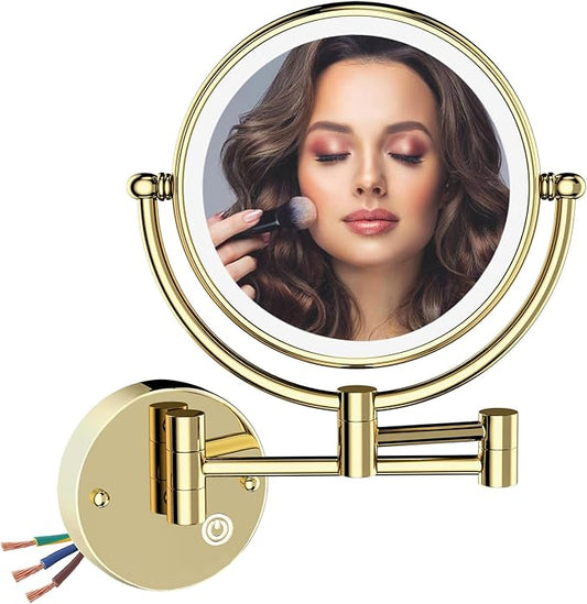 8 Inch Bathroom Makeup Mirror Wall Mount Mirror Swing Arm, Double Sided 1X/5X Hardwired Lighted Magnifying Mirror Wall Mounted, Luxury Brass PVD Zirconium Gold