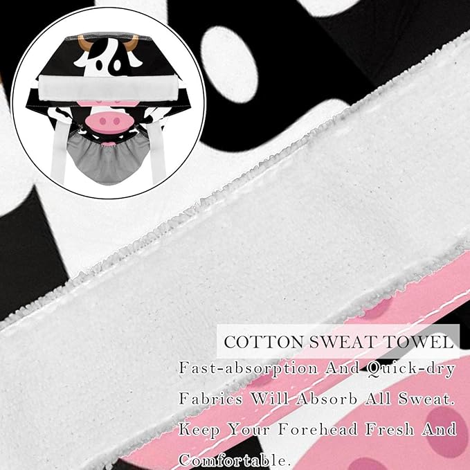 2 PCS Bouffant Cap with Button Ponytail Pouch Working Cap Sweatband Adjustable Surgical Cap Black and White Cow