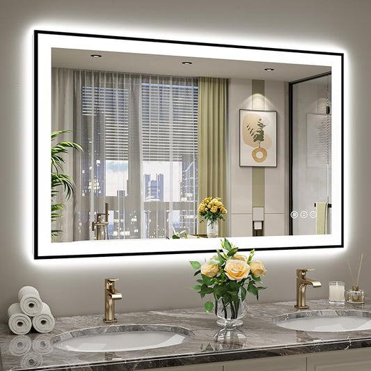 48x32 Inch LED Bathroom Mirror with Lights (Front Lit and Backlit) Black Framed Lighted Vanity Mirror for Bathroom Wall Dimmable Anti-Fog Memory Tempered Glass Horizontal/Vertical