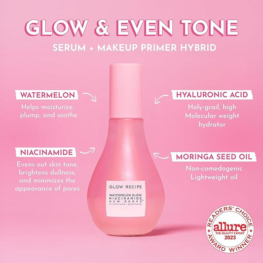 Glow Recipe Watermelon Niacinamide Dew Drops - Brightening, Plumping Hydrating Face Serum, Makeup Primer + Liquid Highlighter with Hyaluronic Acid - Dewy & Glowing Korean Skin Care (80ml)