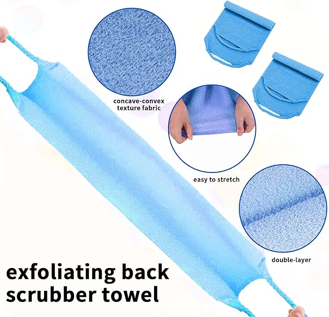 2 Pack Exfoliating Back Scrubber with Handles,Nylon Back Exfoliator Extended Length Back Washers Stretchable for Body Cleans Skin Massages for Women Men(Blue)