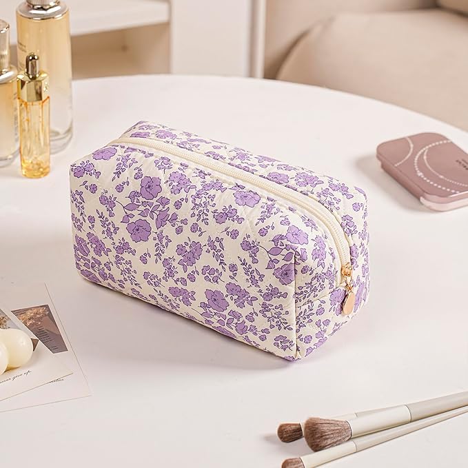 Gleyemor Small Quilted Makeup Bag for Women, Cute Floral Bow Cosmetic Bag, Emergency Bag Travel Toiletry Cotton Pouch Gifts for Girls Her Mom Friend Sister Bridesmaid (Purple Floral)