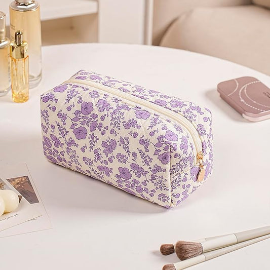 Gleyemor Small Quilted Makeup Bag for Women, Cute Floral Bow Cosmetic Bag, Emergency Bag Travel Toiletry Cotton Pouch Gifts for Girls Her Mom Friend Sister Bridesmaid (Purple Floral)