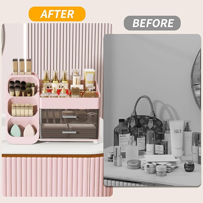 Makeup Organizer with Drawers for Vanity, Make Up Storage Kit, Spacious Cosmetic Display Case, Perfect Storage Solution for Beauty Essentials (Pink)