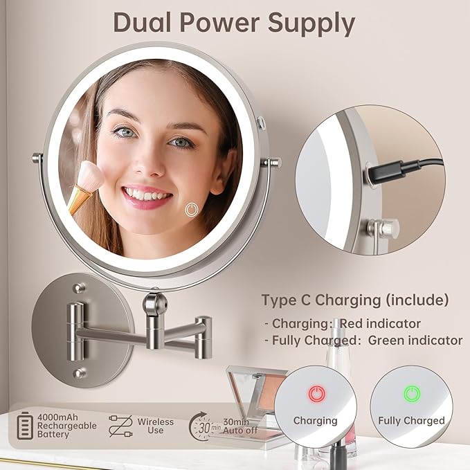 9" Wall Mounted Makeup Mirror with Lights, 4000mAh Rechargeable 1X/10X Wall Mounted Magnifying Mirror for Bathroom, 3 Color Lighting,Touch Screen Dimming,Extended Arm 360 Rotation Wall Mount Mirror N