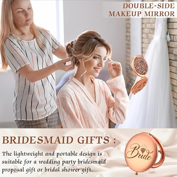 Barydat 10 Pieces Bridesmaid Gifts Set Magnifying Compact Mirror Bride I Do Crew Bridesmaid Proposal Gifts Travel Small Mirror for Purse Makeup Pocket Mirror for Women Wedding Party, Rose Gold