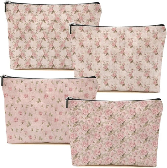 4pcs Pink Vintage Roses Floral Makeup Bag, Pink Coquette Roses Flower Cosmetic Bag Rose Gifts for Women Female Girls Sister BFF Nature Lover, Travel Zipper Pouch Christmas Thanksgiving Birthday Gifts