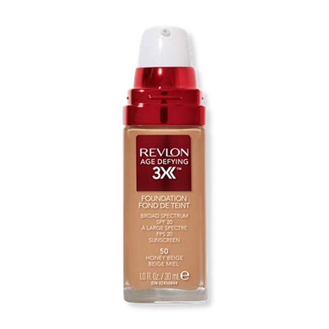 Revlon Liquid Foundation, Age Defying 3XFace Makeup, Anti-Aging and Firming Formula, SPF 30, Longwear Medium Buildable Coverage with Natural Finish, 050 Honey Beige, 1 Fl Oz