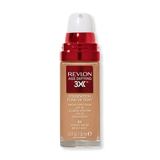 Revlon Liquid Foundation, Age Defying 3XFace Makeup, Anti-Aging and Firming Formula, SPF 30, Longwear Medium Buildable Coverage with Natural Finish, 050 Honey Beige, 1 Fl Oz