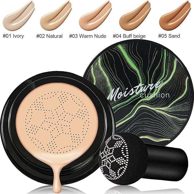 PHOERA Full Coverage Makeup Set - Mushroom Head Air Cushion CC Cream Natural Foundation, Concealer, Primer, Powder & Foundation Brushes (102 Nued +02 Natural CC)