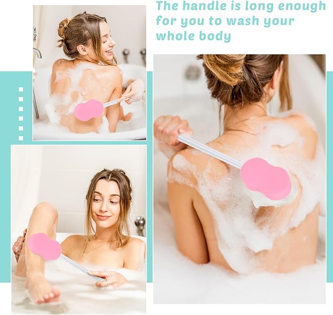 3 Pcs Long Handle Bath Sponge 22.4'' Back Sponge on a Stick Lightweight Back Washer Handled Butt Scrubber Shower Brush for Foot Body Cleaning Bathing Limited Motion(Pink)