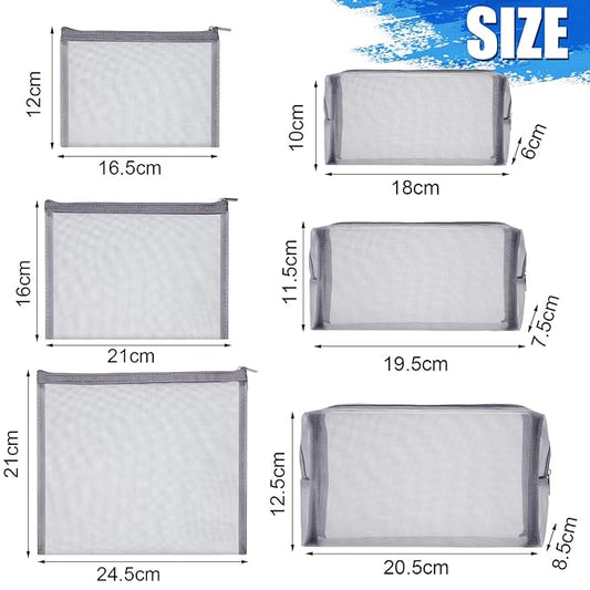 6 Pieces Mesh Makeup Bags Mesh Cosmetic Bag Portable Travel Organizing Zipper Pouch Toiletries Makeup Pouches for Home Office Travel Accessories (Gray)