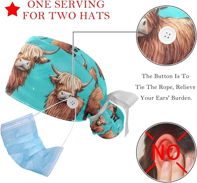 2 PCS Bouffant Cap with Button Ponytail Pouch Working Cap Sweatband Adjustable Surgical Cap Black and White Cow