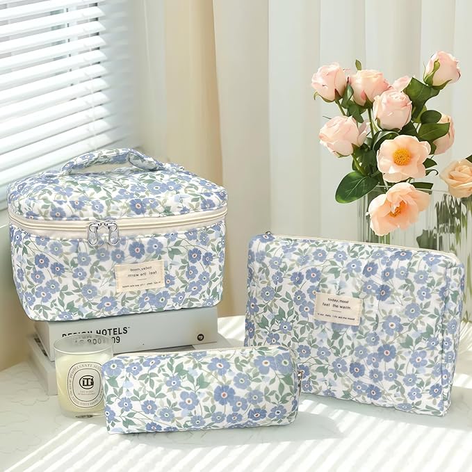 3 Piece Blue Cute Floral Cotton Quilted Makeup Bag Set, Large Capacity Travel Makeup Bags for Women and Girls, Includes Small, Medium, and Extra Large aesthetic makeup&Cosmetic Bags (3pcs-DitsyFloral)